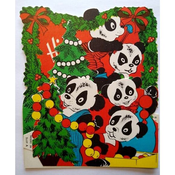 Mid Century Mod Christmas Greeting Card Panda Bears Diecut Foldout Standup Retro - Picture 2 of 5